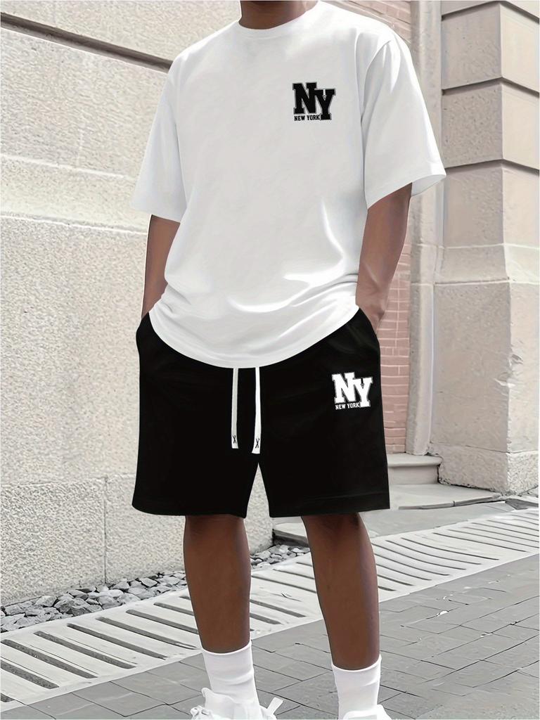 Summer T-Shirt Men's Running Athletic Outfit Two-Piece Set Crew Neck Short Sleeve Top & Shorts Men's Plus Size T-Shirt