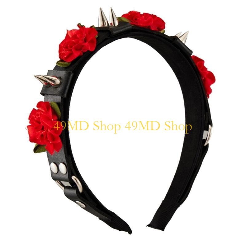 

49MD Punk Maid Headband PU Leather Buckles Hairhoop with Rivets Studded Hair Ornament чёрный