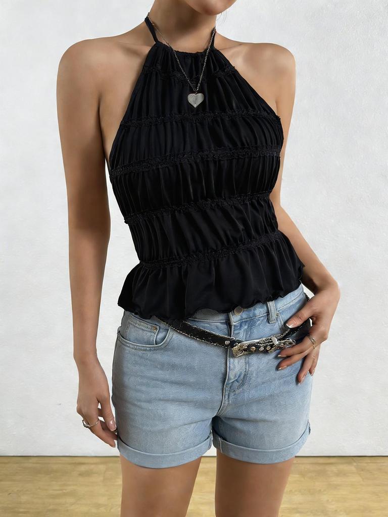 2026 Summer Solid Color Pleated Halter Neck Women's Open Back Lace-up Top