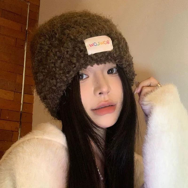 Red Woolen Hat for Women In Autumn and Winter Furry  Warm and Cold Proof Ear Protection Knitted Hat Sweet and Versatile Plush Hat
