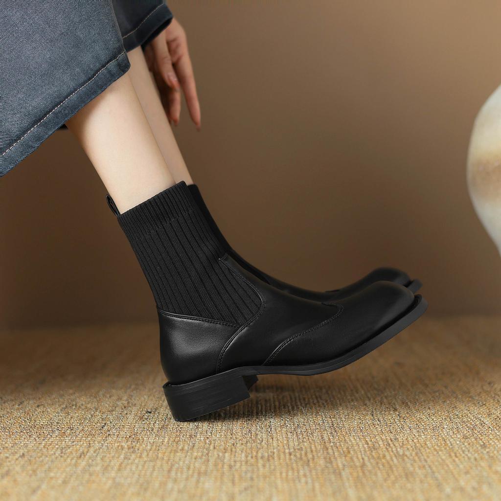Krazing Pot Microfiber Autumn Winter Shoes Thick Med Heels Size 43 Chelsea Boots Back Knitwear Stretch Ankle Boots