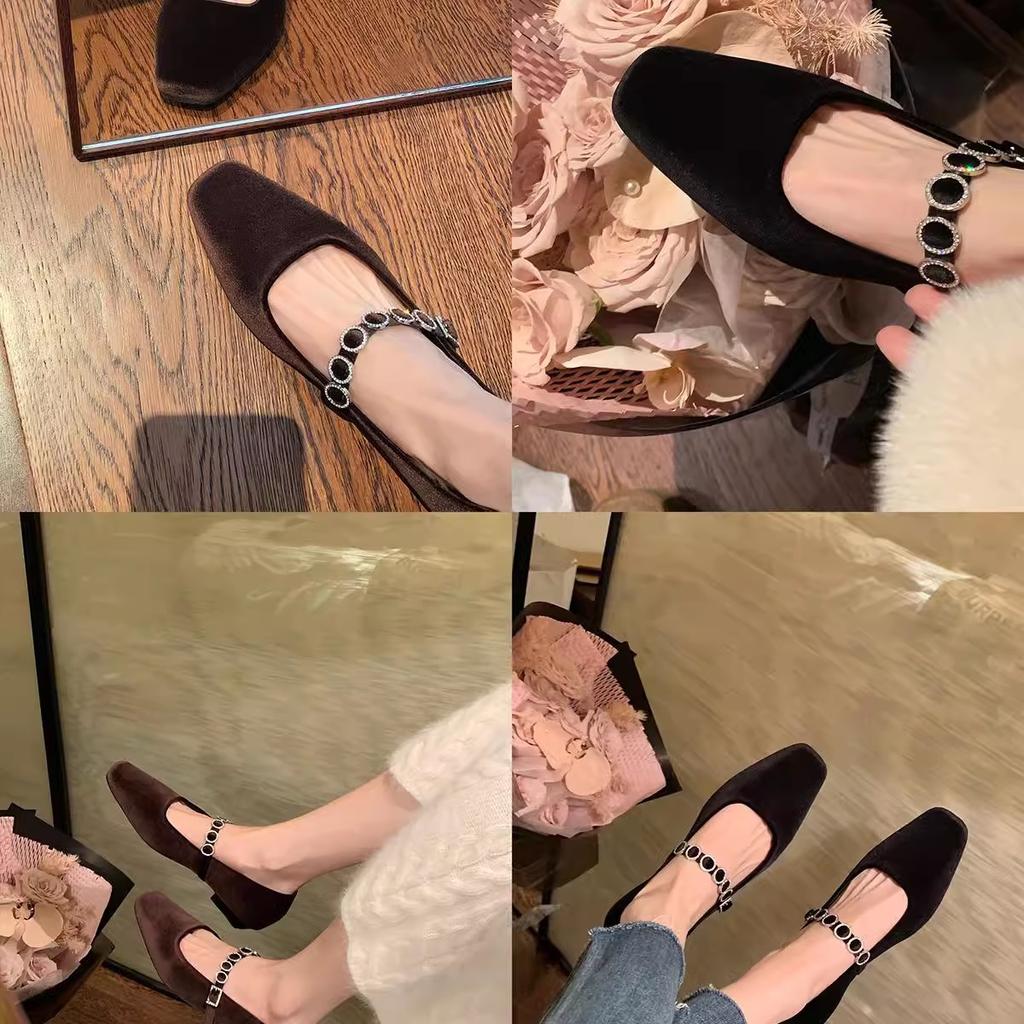 Genuine Leather~ Square Head Shallow Mouth High Heels One-word Diamond Belt Low Heel Suede Mary Jane Single Shoes