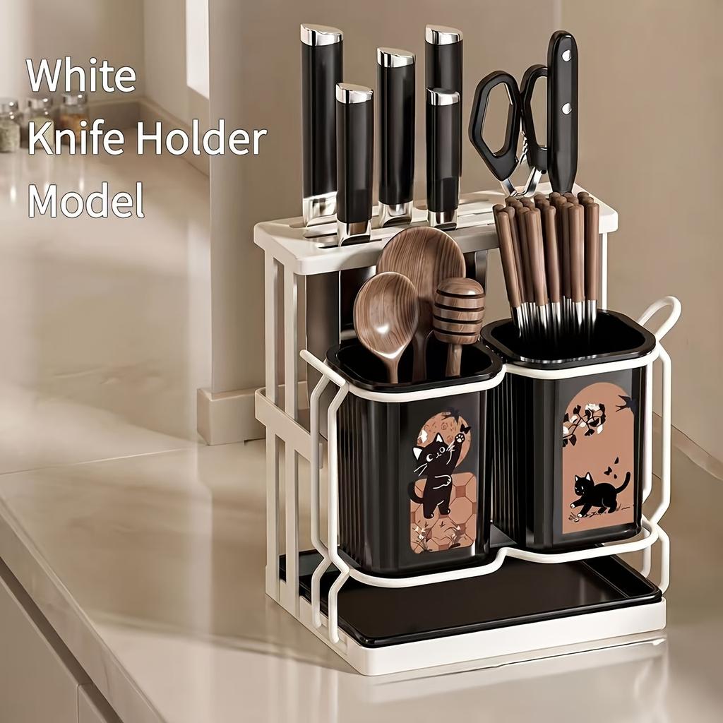 Two-tone carbon steel cutlery rack with cat print, dual installation ways and drip tray, stores knives and kitchen utensils.