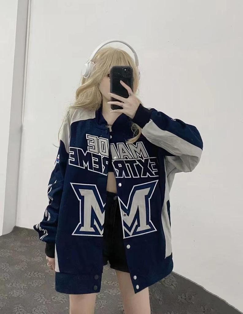 American Retro Racing Motorcycle Jacket: Unisex, Bold Color Block Design, Street Style, Loose Fit