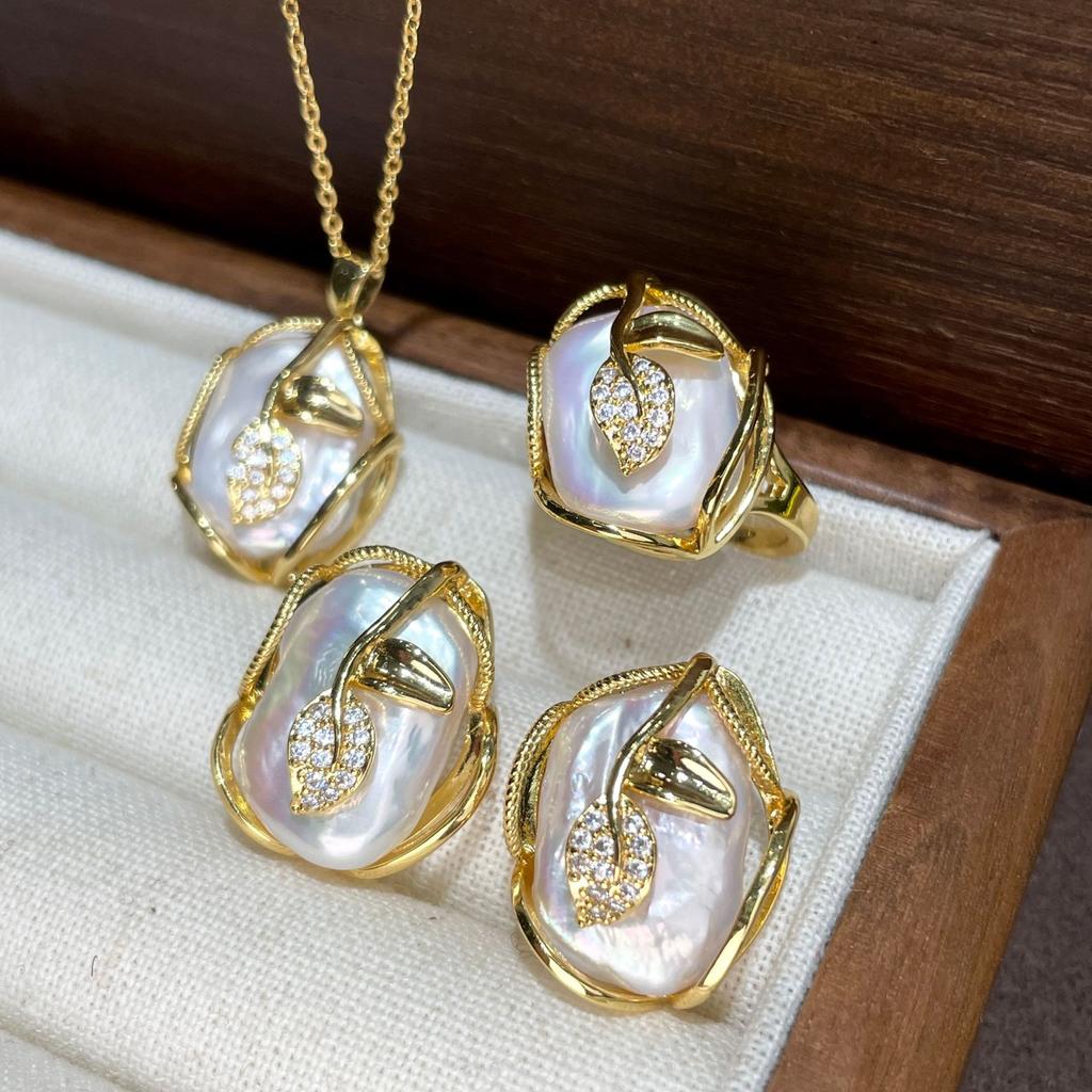 Fashion Leaf Baroque Pearl Necklace Earings Freshwater Pearl Jewelry Sets For Women Freshwater Pearl Necklace Pearl Earrings Rings