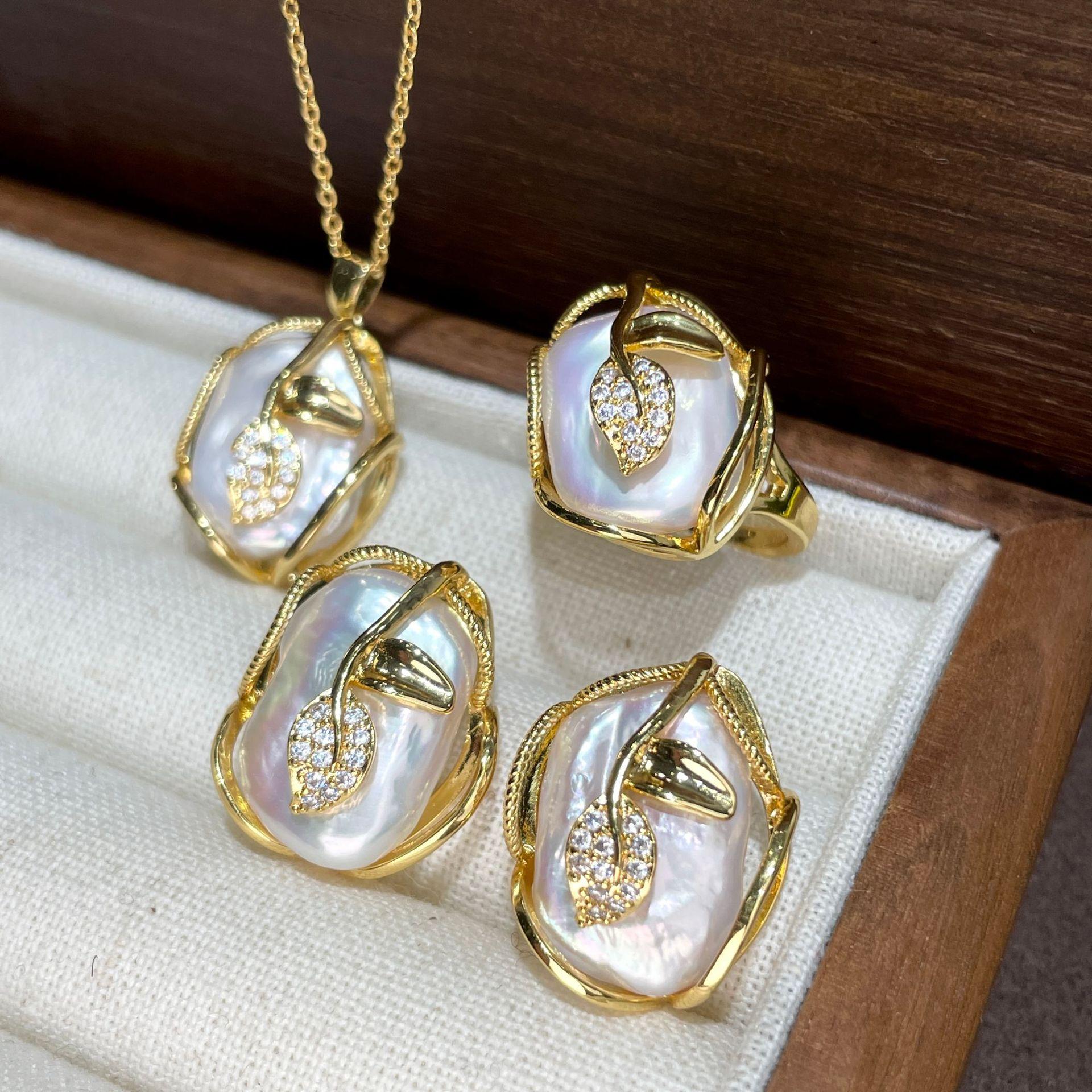 

Модное ожерелье из листьев с барочным жемчугом, серьги, наборы украшений из пресноводного жемчуга для женщин, ожерелье из пресноводного жемчуга, жемчужные серьги, кольца 15mm-20mm