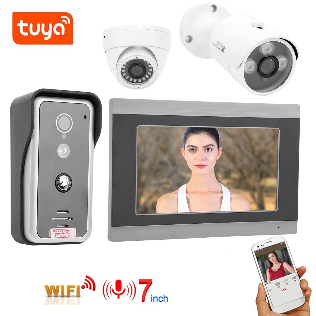 Wired Wifi Video Doorphone 7in Monitor Night Vision Intercom APP Remote with 2 AHD Cameras for Tuya