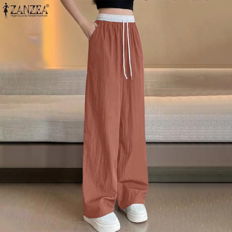 ZANZEA Damen Casual Elastischer Bund Kordelzug Lockere Hose