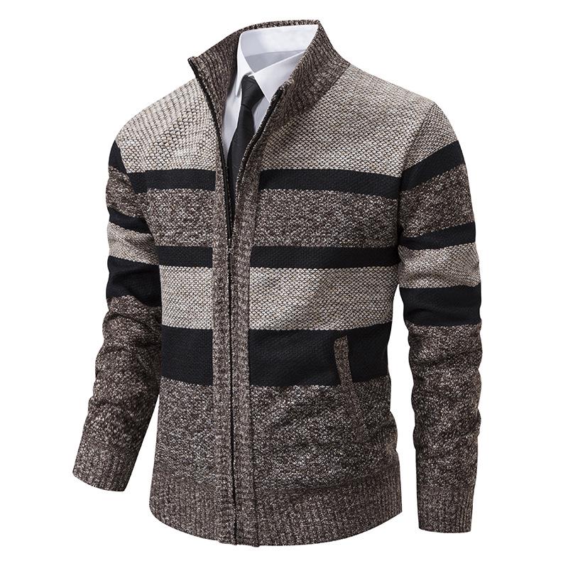 2024 Men's Stand Collar Color Block Plus Velvet Thick Sweater Jacket, Autumn/Winter Collection