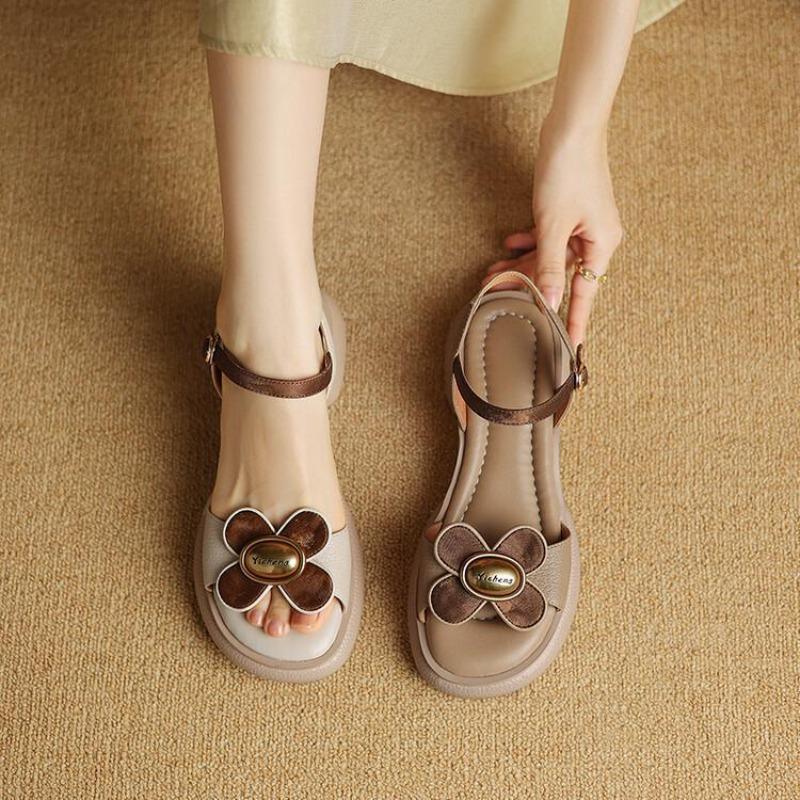 Fashion Summer Sweet Flowers Block Heel Sandals Women's Platform Open Toe Strap Roman Shoes Platform Mid-heel Sandals