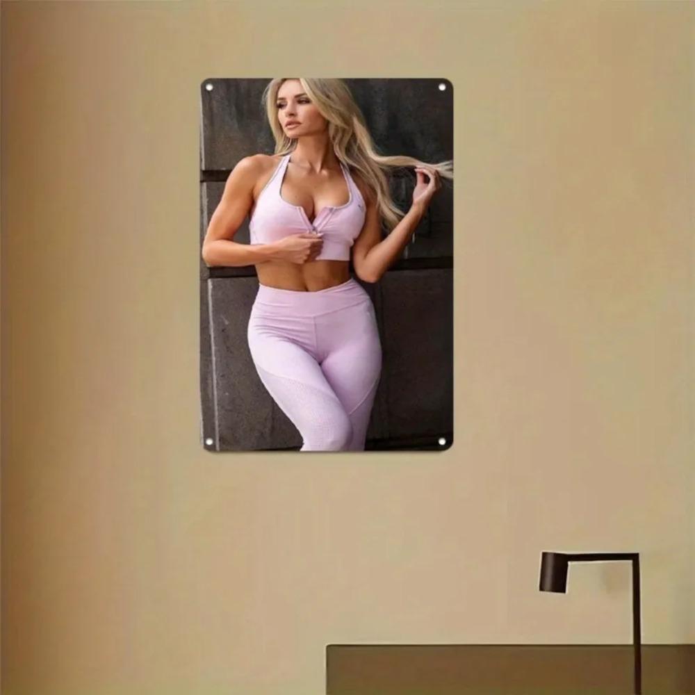 Hisun Tin Sign HD Metal Tin Sign Hot Blonde Model in Pink Sportswear Retro Metal Wall Art for Gym Decor x Inch