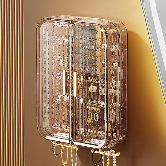 Jewelry Storage Box Transparent Wall Mounted Earring Ring Necklace Organizer with Multi-shaped Hooks for Home