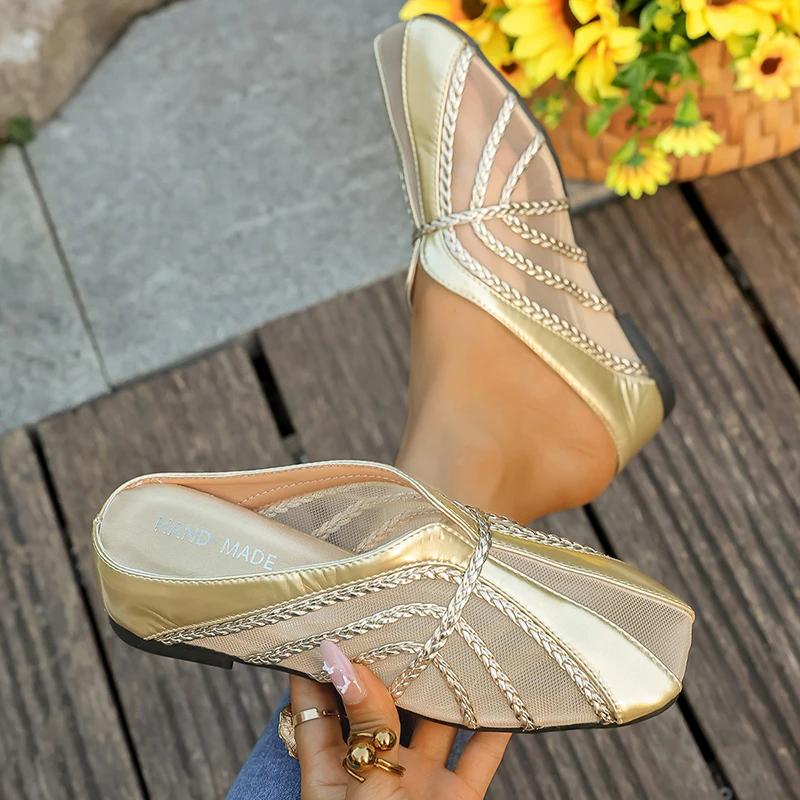 Fashion Gold Mesh Breathable Wedges Sandals Women Thick Sole Non Slip Closed Toe Slippers Woman Summer Light Comfort Square Toe Slides