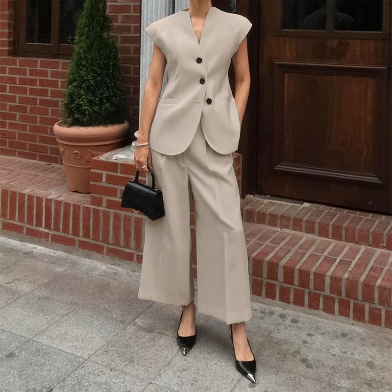 Women Causal Waistcoat Trousers Suit Spring V-neck Sleeveless Single Breasted Vest High Waist Wide Leg Pants Commute Sets