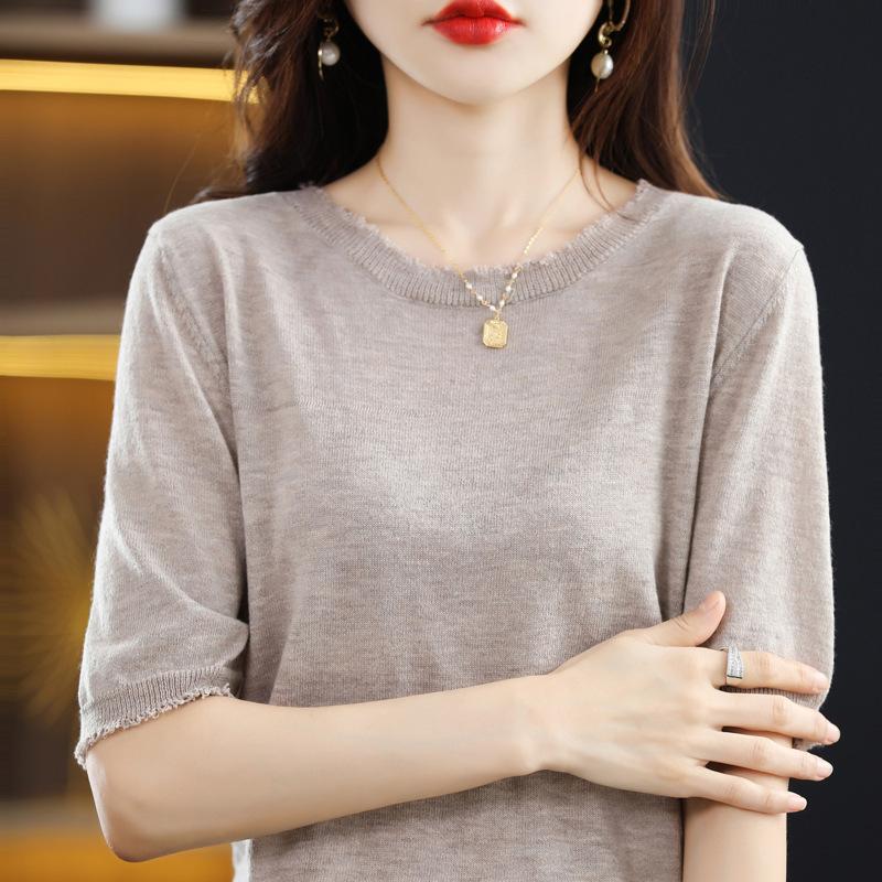 

Su Liu Round Neck Short-sleeved Sweater Summer New Loose Short Fashionable Base T-shirt Top S