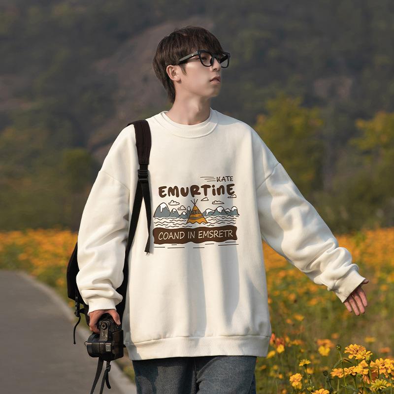 Retro Round-Shaped Neck Sweatshirt for Gentlemen Autumn and Winter Velvet Thickened Loose Hooded Long-sleeved Tops for B Practical Use M 3090₽