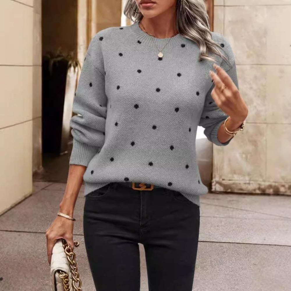 Women's Crew Neck Long Sleeve Polka Dot Jacquard Knit Pullover Sweater Casual Autumn Top