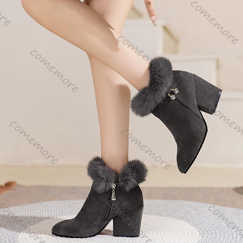 Fashion Comemore New Padded Ankle Boots Pointed Head Rhinestone Cotton Women's Shoes Casual Chunky High Heels Female Fur Short Botines