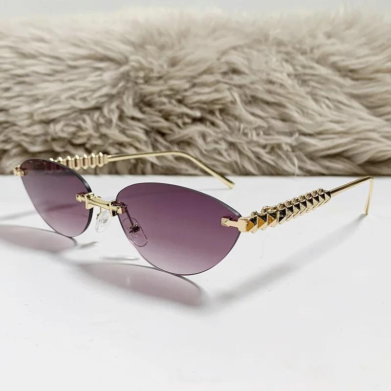 New Cat Eye Rivet Rimless Sunglasses Women Luxury Fashion Brand Oval Narrow Sun Glasses Shades Trendy Elegant Unique Eyewear