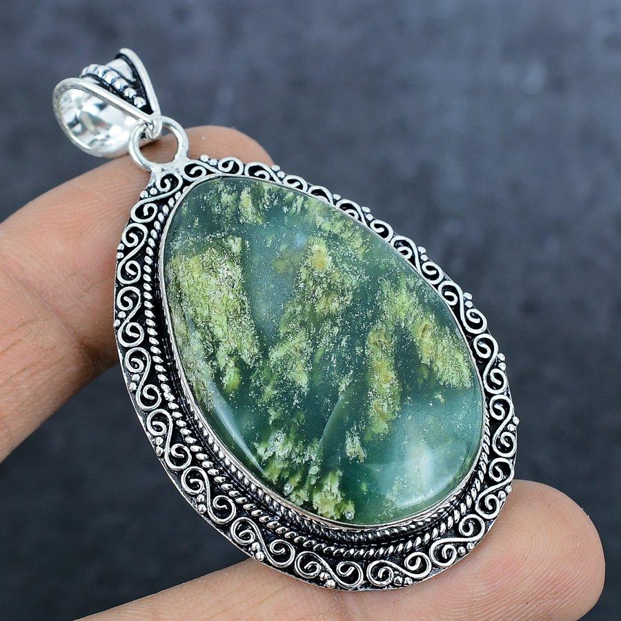 Natural Chrysoprase Gemstone 925 Sterling Silver Jewelry Pendant 2.72" T5t26