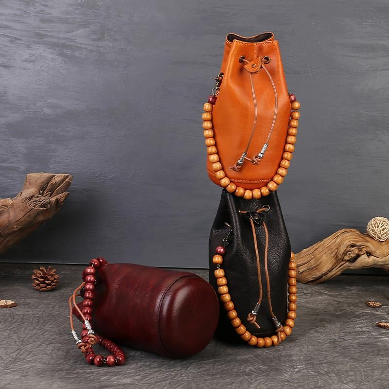 Johnature Geantă de umăr de damă din piele naturală lucrată manual, geantă crossbody retro cu șnur, mini geantă tip găleată de mână