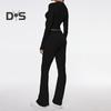 2 Pcs/Set Women Top Pants Suit Skinny High Waist O Neck Long Sleeves Pure Color Stretchy Soft Breathable Yoga Bell Bottoms T-shirt Set Spring Summer