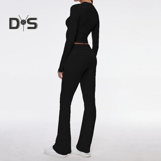 2 Pcs/Set Women Top Pants Suit Skinny High Waist O Neck Long Sleeves Pure Color Stretchy Soft Breathable Yoga Bell Bottoms T-shirt Set Spring Summer