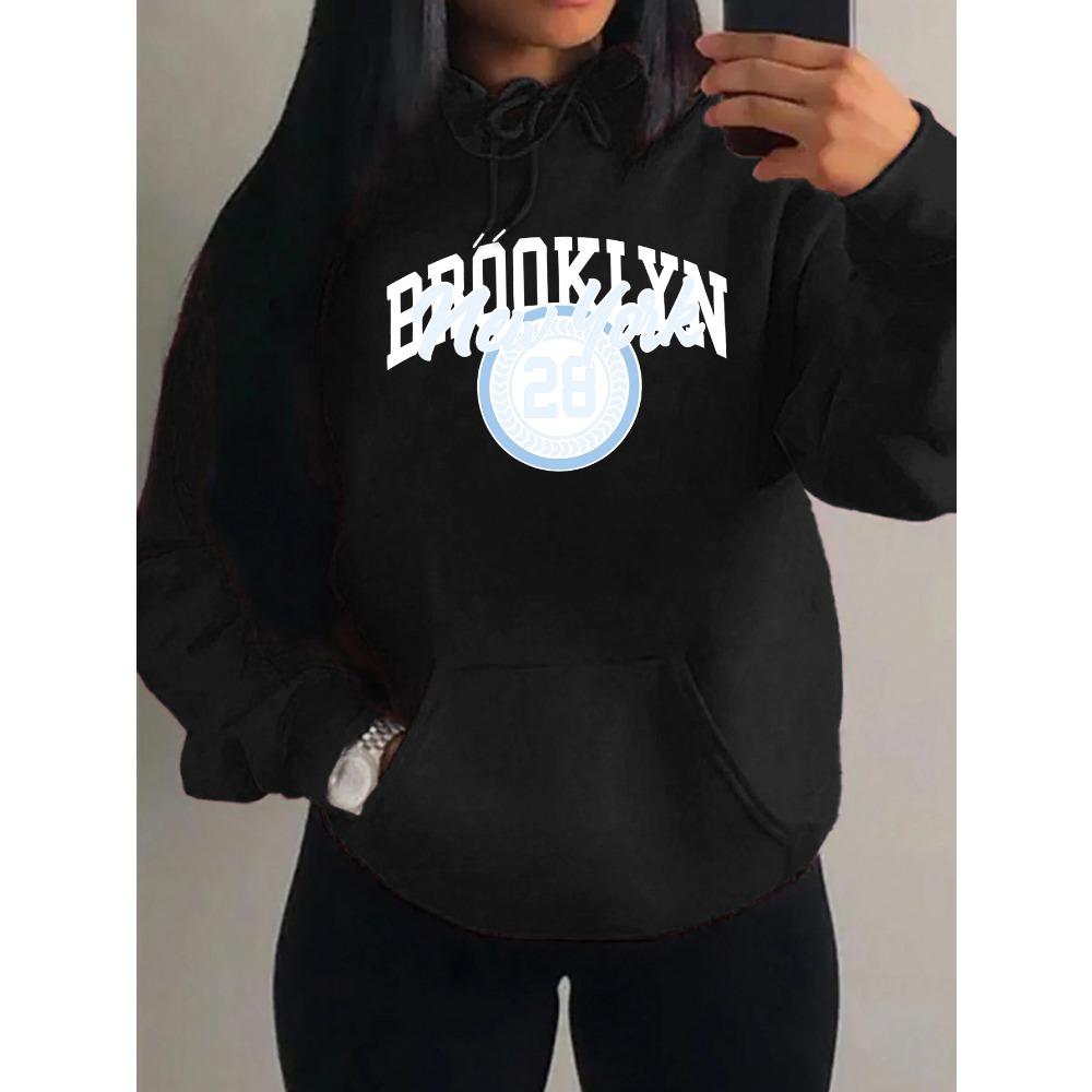 Brooklyn New York Art Letter Number 28 Design Women Hoody Autumn Casual Loose Hoodie Fleece Pocket Streetwear