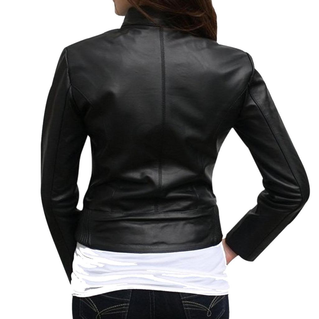 Giacca in pelle da donna ritagliata con pannello frontale con cerniera a collo alto