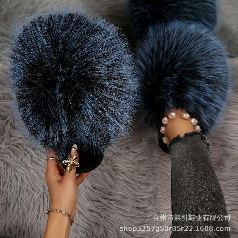 Autumn and winter imitation fox hair leopard print slippers women's warm fluffy plush cotton slippers