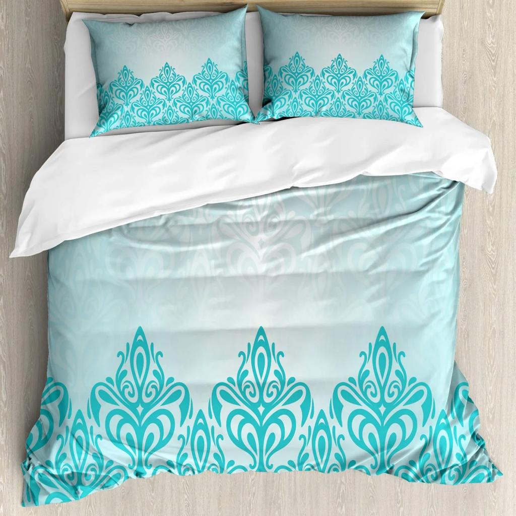 Turquoise Duvet Cover Set Retro Floral Background With Hibiscus Silhouettes Dramatic Romantic Nature Art Polyester Duvet Cover