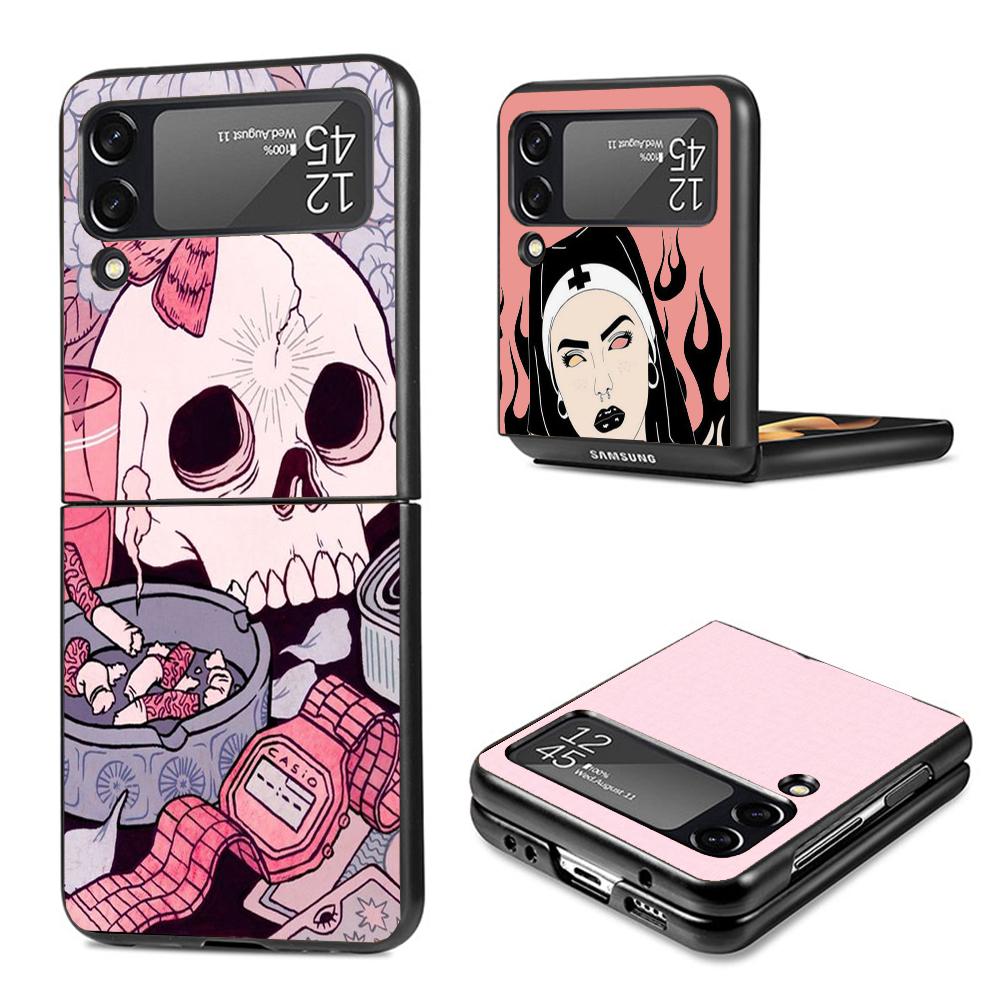 Pink Cat Skull Sorceress Witch Hard Black Cover for Samsung Galaxy Z Flip 7 6 5 4 3 5G Phone Case Flip7 Flip6 Flip5 Flip4 Flip3
