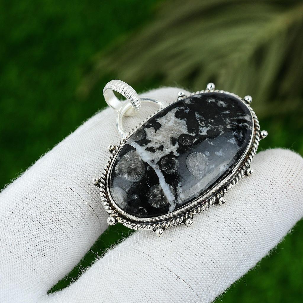 Natural Black Fossil Coral Gemstone 925 Sterling Silver Pendant For Girls
