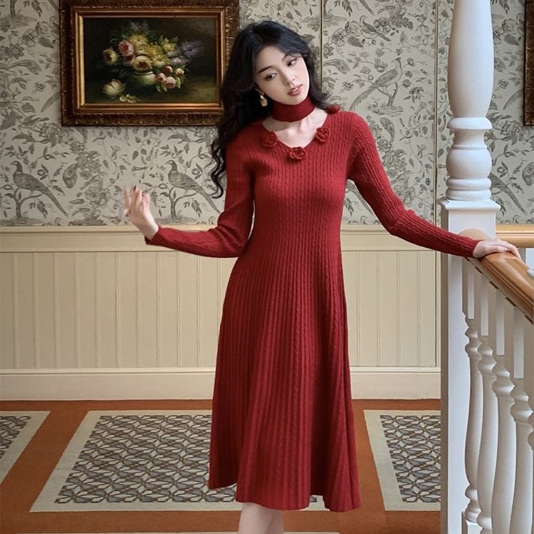 Нежный французский дизайн цветочный шарф вязаное платье для женщин осень и зима новый — фото 17