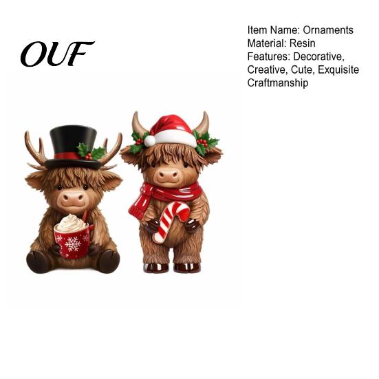 Cute Animal Desktop Decorations 2Pcs Christmas Highland Cow Figurines, Resin Santa Reindeer Cow, with Hat, Holiday Atmosphere Table Topper Hot Cocoa,