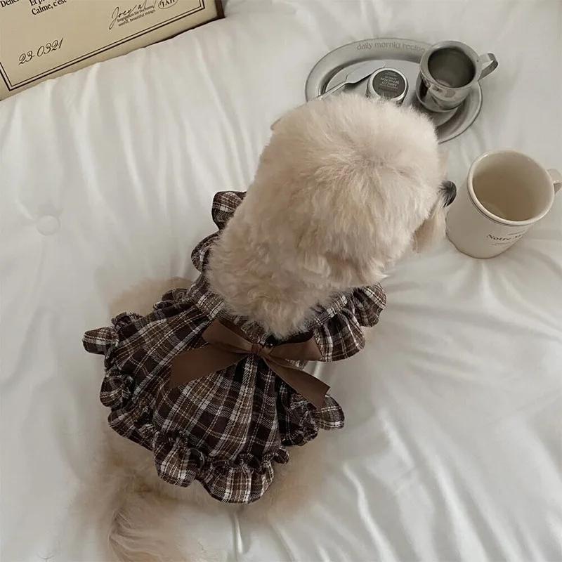Spring Pet Plaid Strap Skirt for Small Dogs - Cat Pleated Shirt Bow Undershirts Puppy Clothes Dog Dresses with Plaid Design