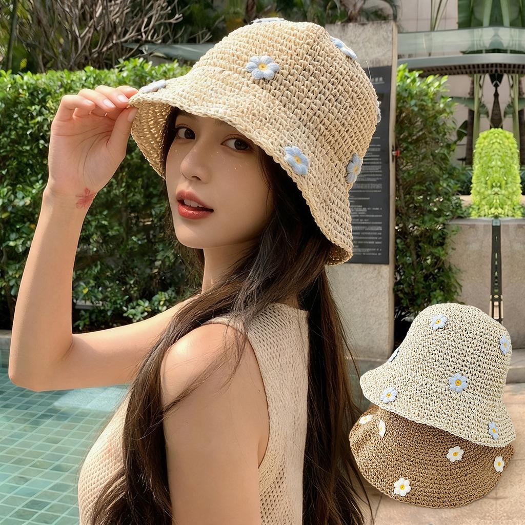Sweet Flower Straw Hat For Women Summer Hollow Brethable Wide Brim Sunshade Foldable Fisherman Cap Girl Travel Outdoor Basin Hat