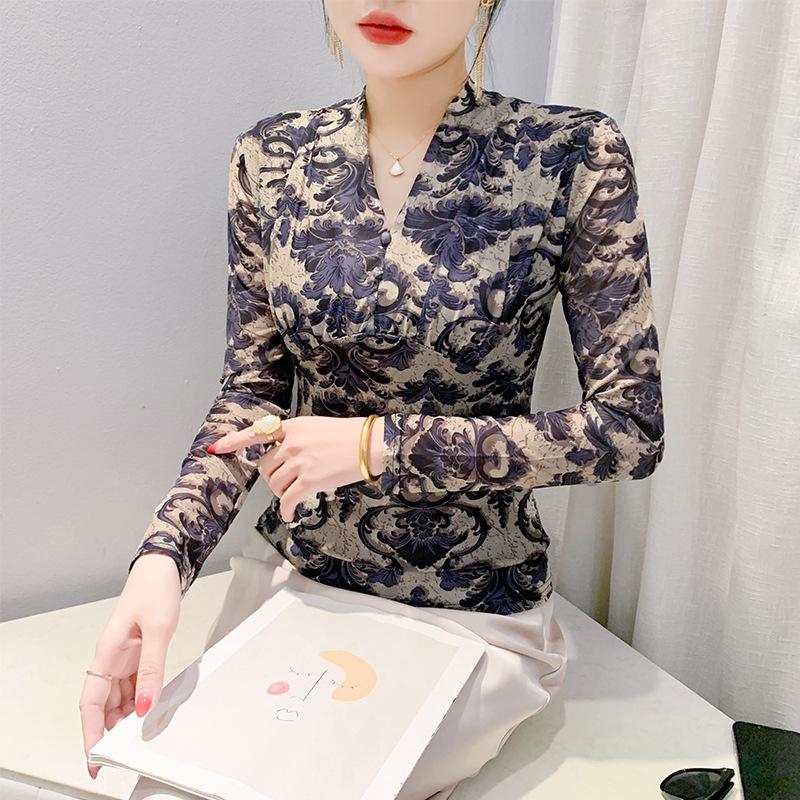 

Женская рубашка с длинными рукавами и принтом в стиле ретро, зимняя, новая сексуальная футболка с сетчатым верхом и V-образным вырезом, облегающий пуловер 4XL