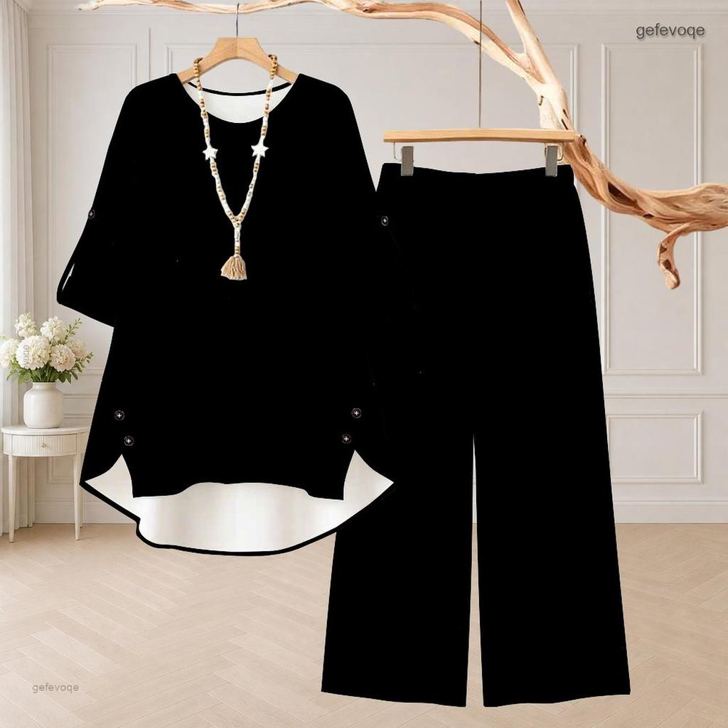 Women Plus Size Round Neck Mid Sleeve Printed Asymmetrical Top Wide Leg Pants Two Piece Set