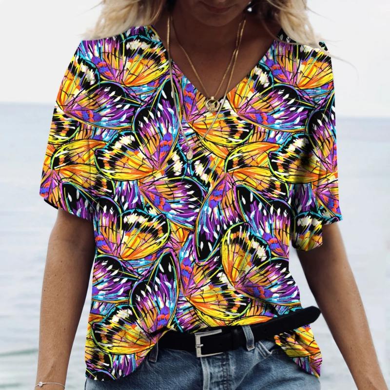 Butterfly Floral Graphic 3D Print T-Shirts Women's Y2k Tops Tees V Neck Female Harajuku T Shirt Woman Oversized Casual Clothes