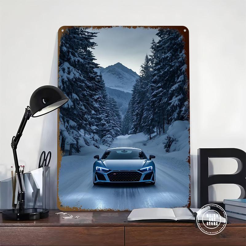 Sports Car R8 In Winter Wonderland Metal Poster Customized Wall Art Retro Vintage Tinplate Signs for Man Cave Office Decoration