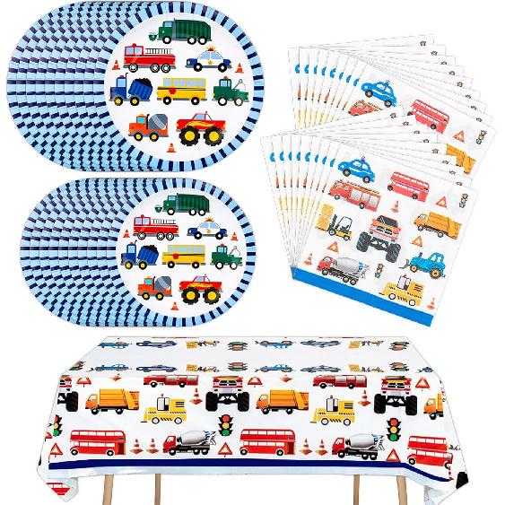 Traffic Cars Trucks Transportation Party Supplies Cars Paper Plates, Napkins, Tablecloth Transport Vehicle Theme Tableware Set Birthday Party