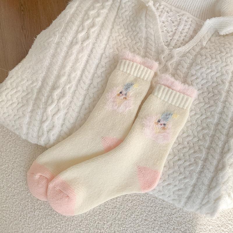 Super Thick Wool Socks, Double Flared Women's Autumn and Winter Thickened Mid-calf Socks, Warm Long Socks, Cartoon Long Calf