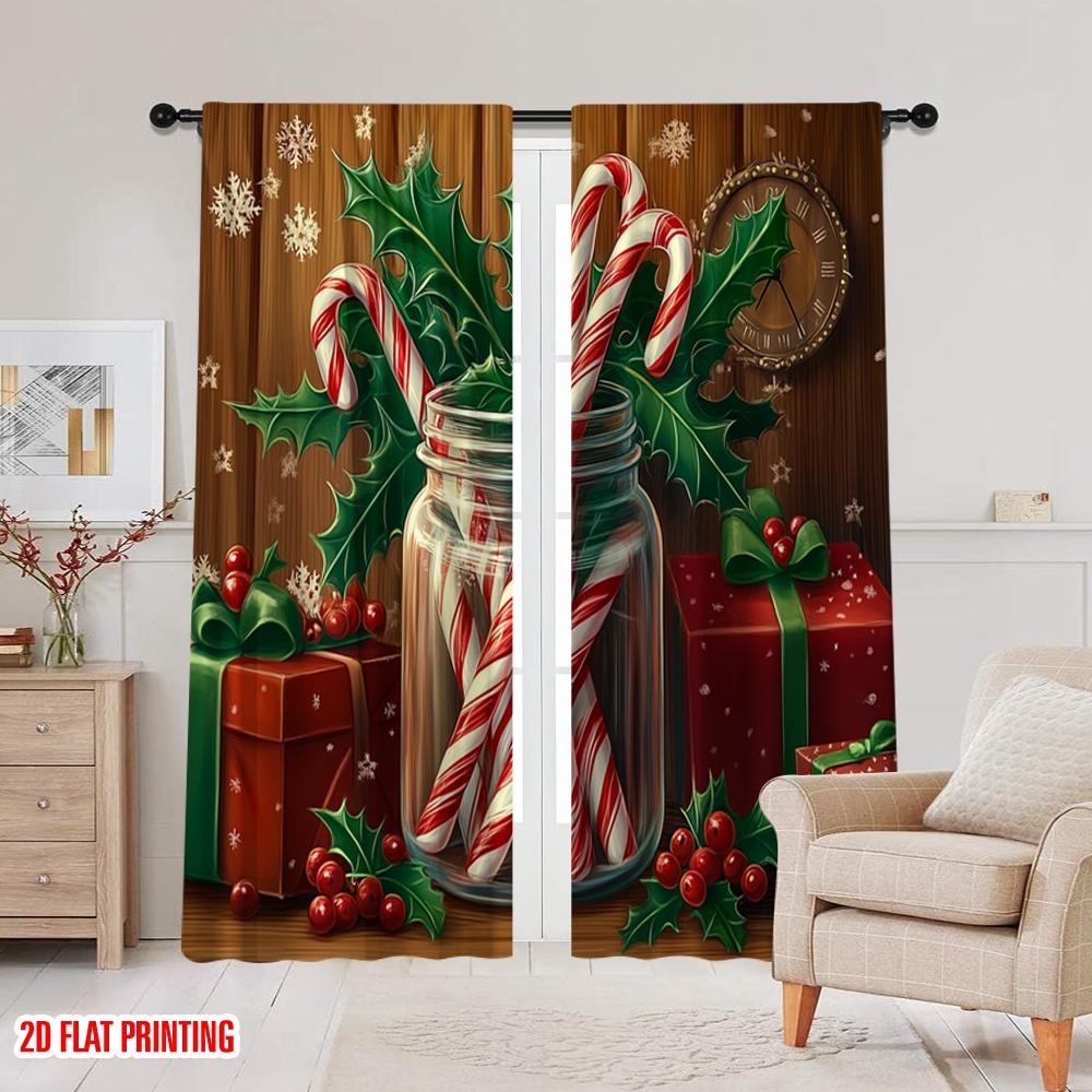 2 Stück, 2D-Flachdruck Moderne Vorhänge Weihnachtszuckerstangen Stechpalme Geschenk (2) Polyester, einfache Installation (ohne Stange) Festlich