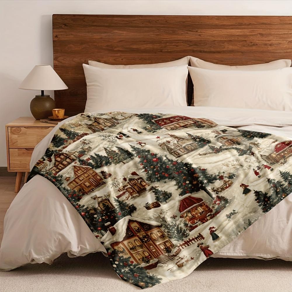 Christmas Snowy Village Blanket - Soft Warm Plush | All-Season Throw for Sofa Bed Travel Camping, Holiday Decor
