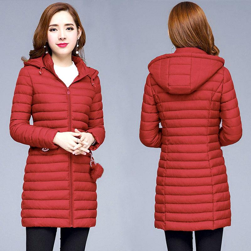 

Padded clothes, early spring cotton jackets, women s new cotton-padded clothes, medium and long slim-fitting large-size light and thin down 6XL [135-72.5 kg] красный