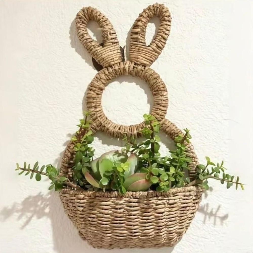 Hand Woven Easter Bunny Basket Natural Willow Handmade Easter Wall Pocket Gift Holder Cute Rabbit Plant Hanging Basket