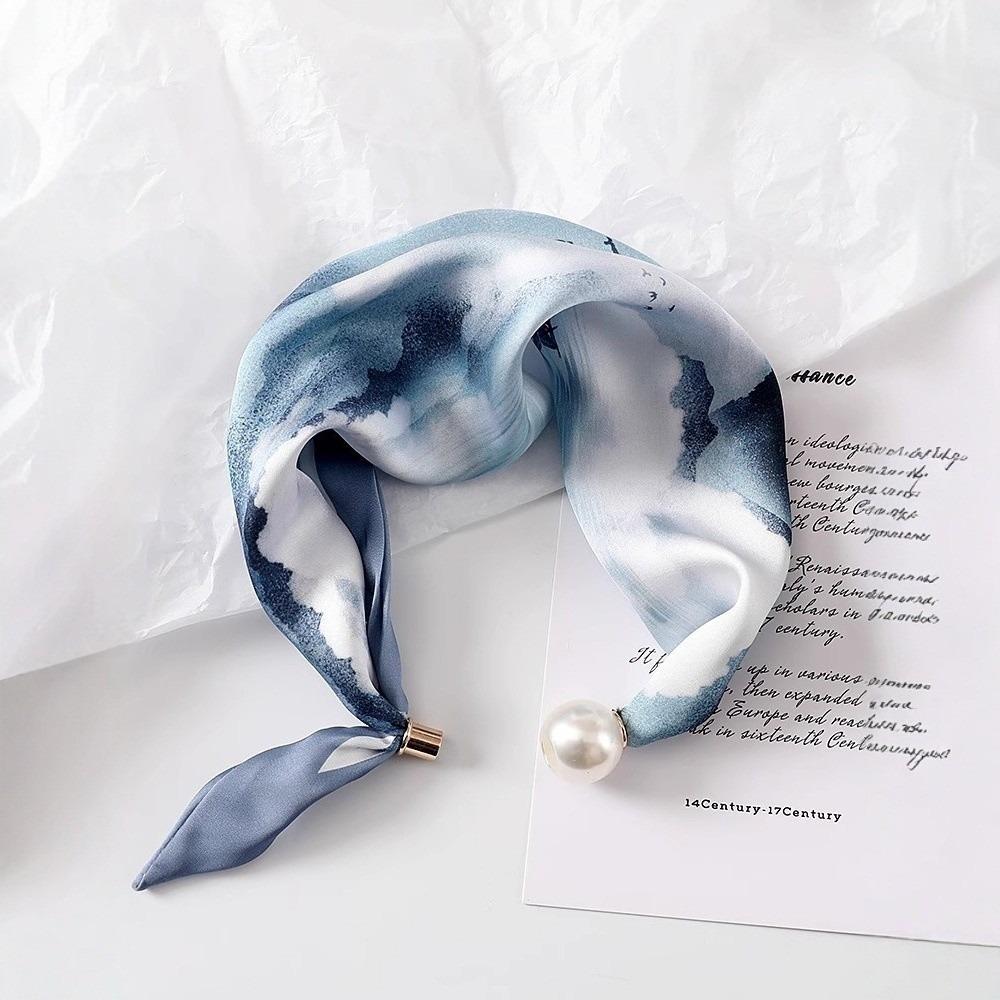 

Polyester Lazy Scarf Lightweight Magnetic Buckle Scarf Artistic Pearl Decoration Scarf Office Wear Light Blue
