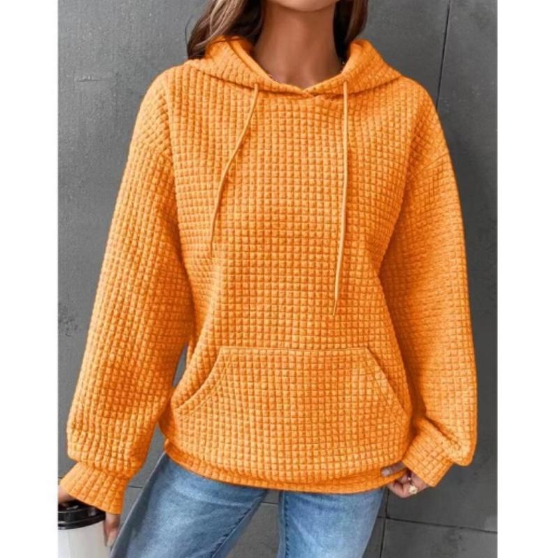 Plus Size Casual Sweatshirt, Women's Plus Solid Waffle Pattern Long Sleeve Drawstring Hooded Sweatshirt With Pockets