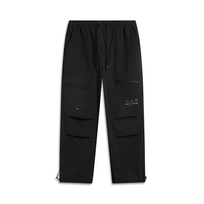 Li Ning Wade Series Lässige Einfache Unifarbene Gerade Weit Strick-Sporthose Herrenhosen Schwarz AKXV017-1